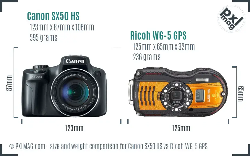 Canon SX50 HS vs Ricoh WG-5 GPS size comparison