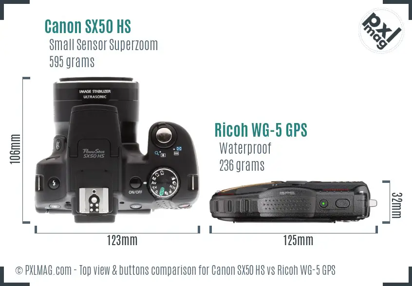 Canon SX50 HS vs Ricoh WG-5 GPS top view buttons comparison