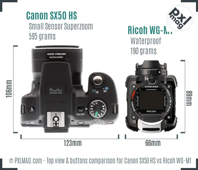Canon SX50 HS vs Ricoh WG-M1 top view buttons comparison