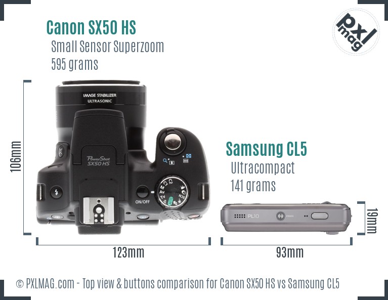 Canon SX50 HS vs Samsung CL5 top view buttons comparison