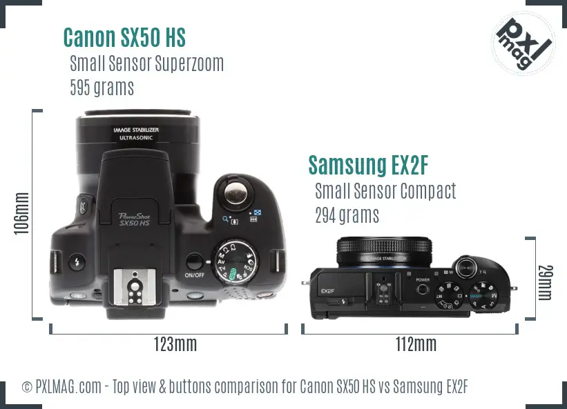 Canon SX50 HS vs Samsung EX2F top view buttons comparison