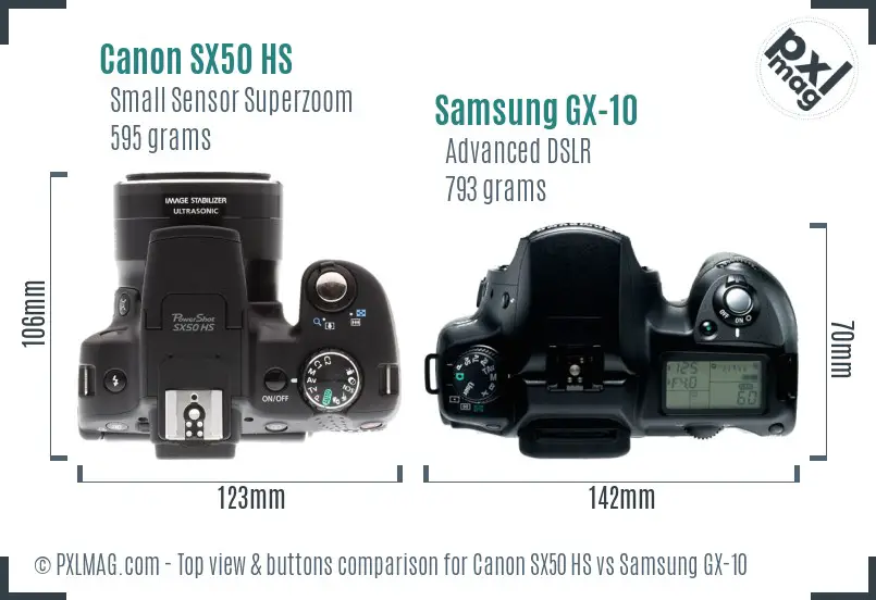 Canon SX50 HS vs Samsung GX-10 top view buttons comparison