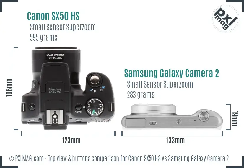 Canon SX50 HS vs Samsung Galaxy Camera 2 top view buttons comparison