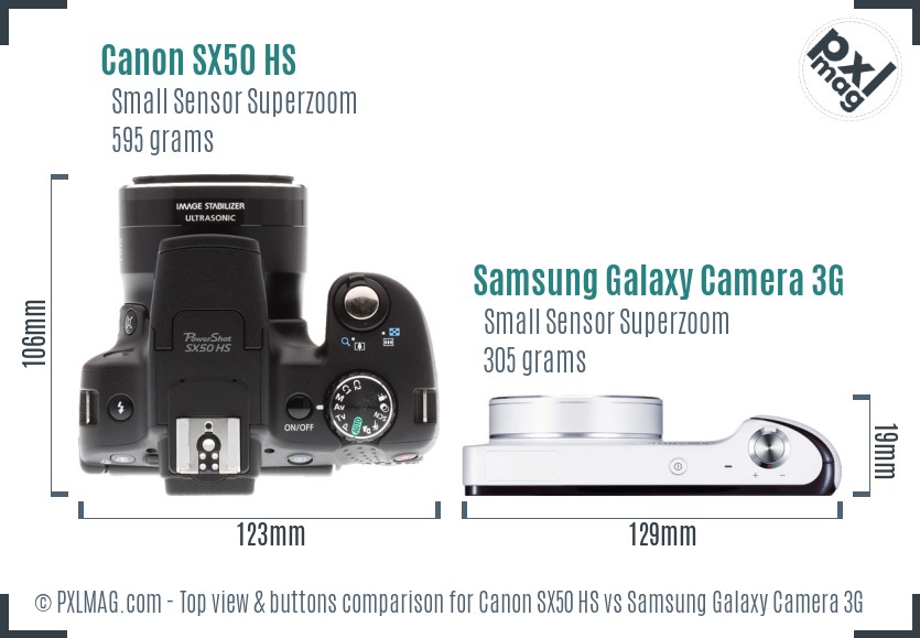 Canon SX50 HS vs Samsung Galaxy Camera 3G top view buttons comparison