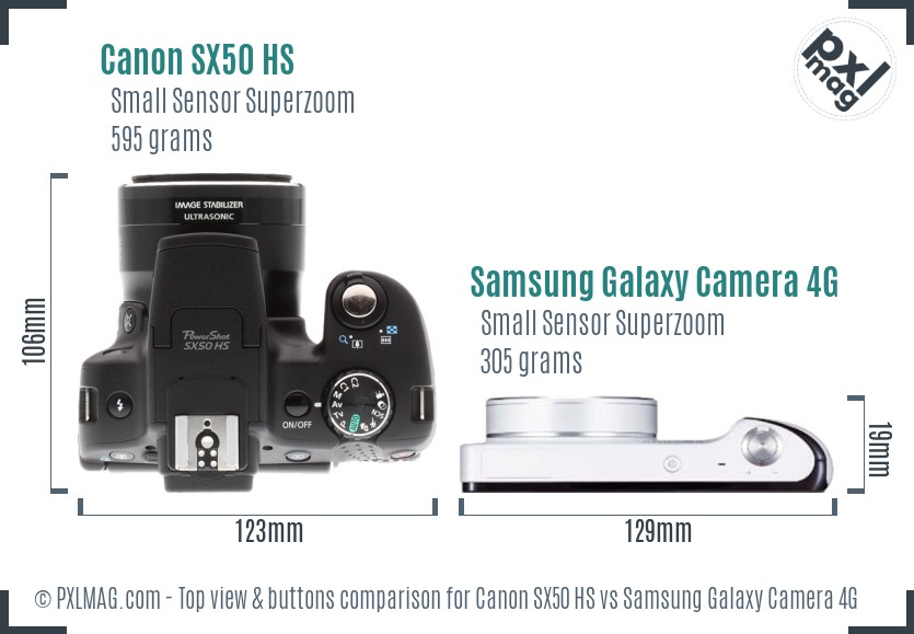 Canon SX50 HS vs Samsung Galaxy Camera 4G top view buttons comparison