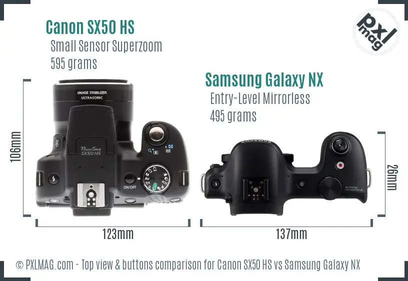 Canon SX50 HS vs Samsung Galaxy NX top view buttons comparison