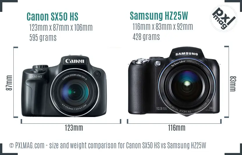 Canon SX50 HS vs Samsung HZ25W size comparison