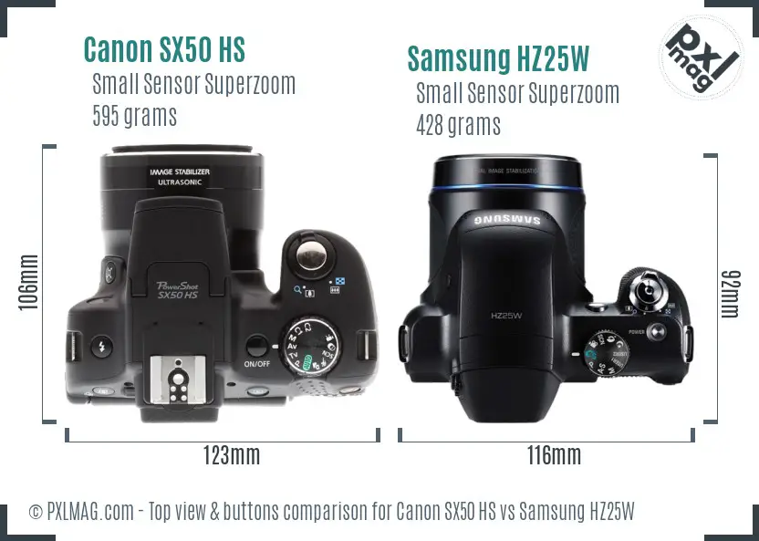 Canon SX50 HS vs Samsung HZ25W top view buttons comparison