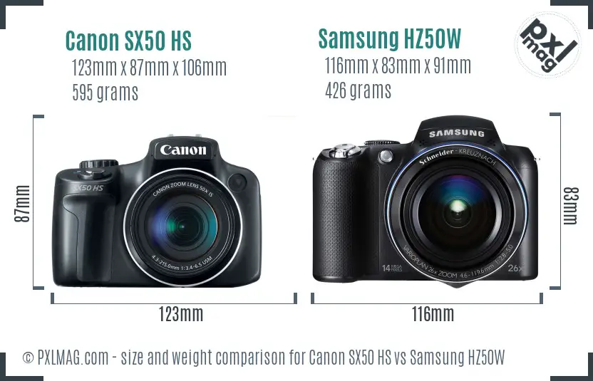 Canon SX50 HS vs Samsung HZ50W size comparison