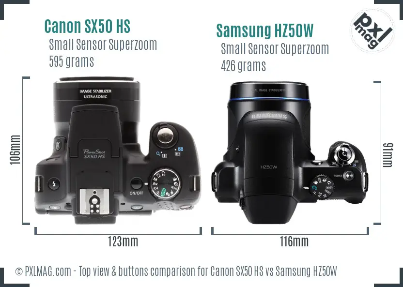 Canon SX50 HS vs Samsung HZ50W top view buttons comparison