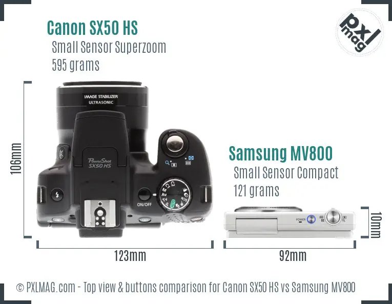 Canon SX50 HS vs Samsung MV800 top view buttons comparison