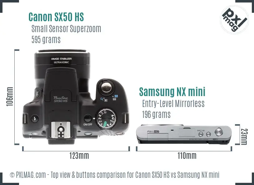 Canon SX50 HS vs Samsung NX mini top view buttons comparison Canon SX50 HS vs Samsung NX mini top view buttons comparison