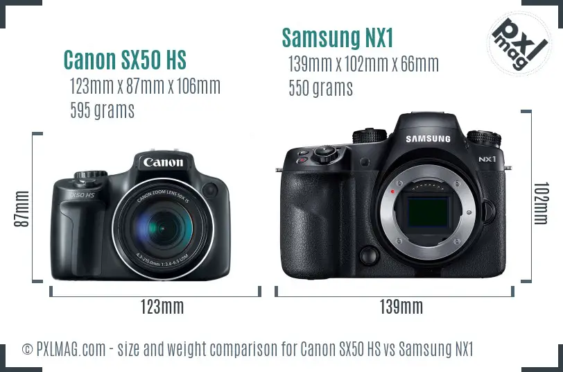 Canon SX50 HS vs Samsung NX1 size comparison