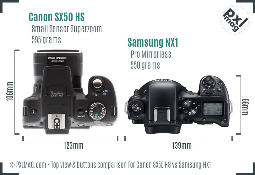 Canon SX50 HS vs Samsung NX1 top view buttons comparison