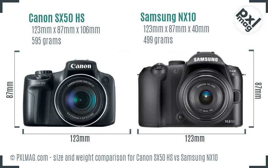 Canon SX50 HS vs Samsung NX10 size comparison