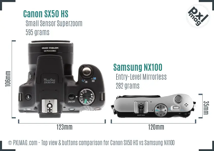 Canon SX50 HS vs Samsung NX100 top view buttons comparison