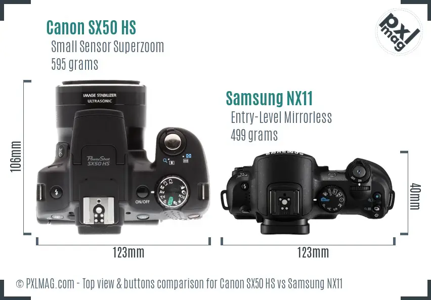 Canon SX50 HS vs Samsung NX11 top view buttons comparison
