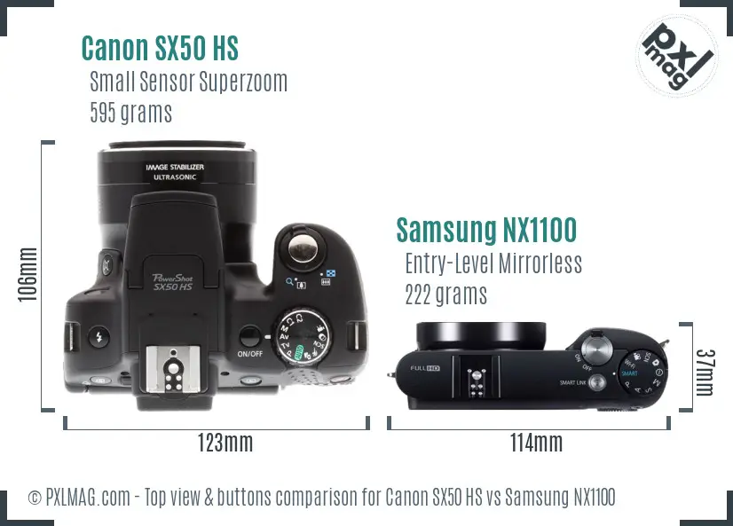 Canon SX50 HS vs Samsung NX1100 top view buttons comparison