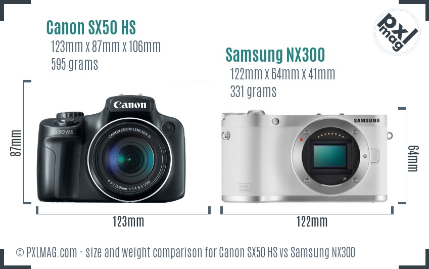 Canon SX50 HS vs Samsung NX300 size comparison