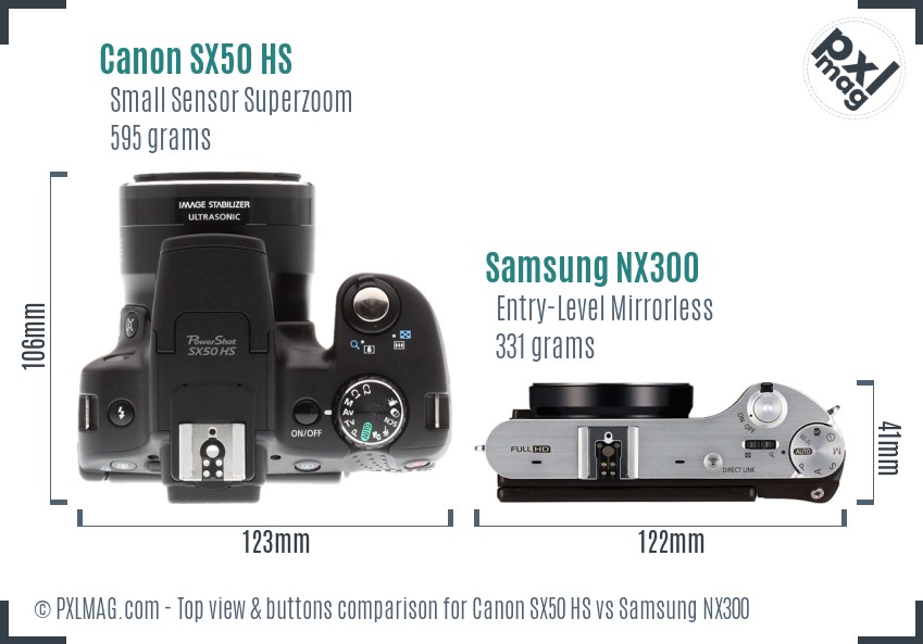 Canon SX50 HS vs Samsung NX300 top view buttons comparison