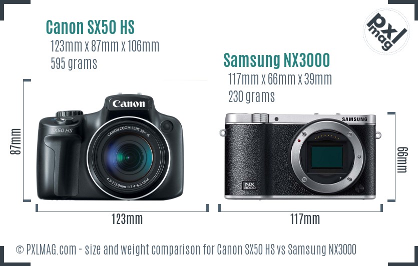Canon SX50 HS vs Samsung NX3000 size comparison