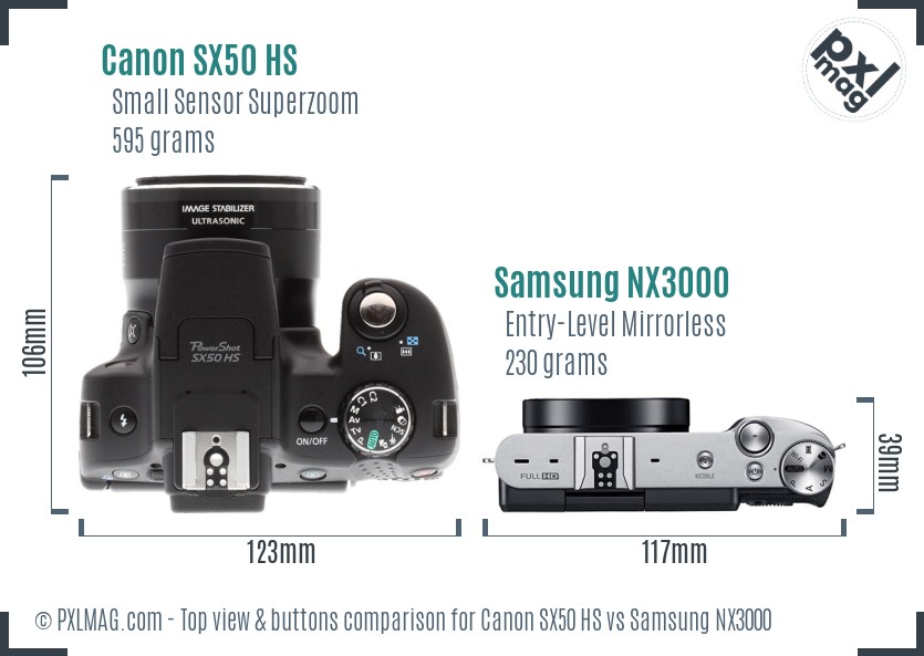 Canon SX50 HS vs Samsung NX3000 top view buttons comparison