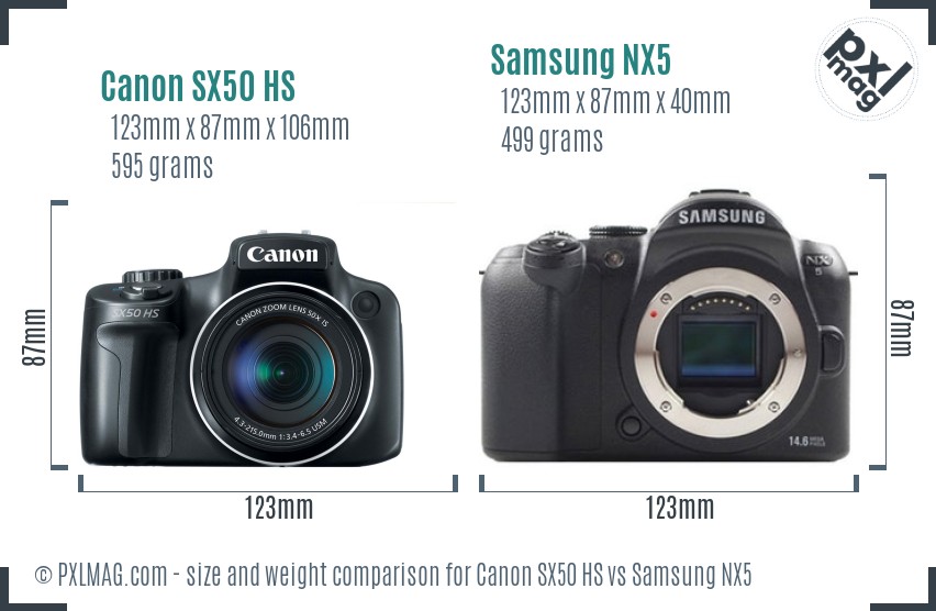 Canon SX50 HS vs Samsung NX5 size comparison