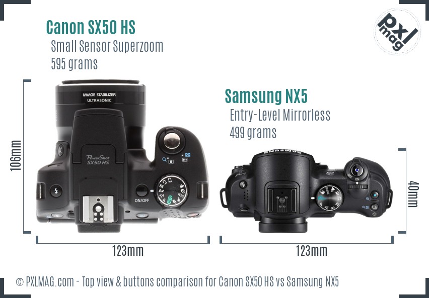 Canon SX50 HS vs Samsung NX5 top view buttons comparison