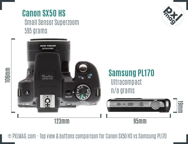 Canon SX50 HS vs Samsung PL170 top view buttons comparison