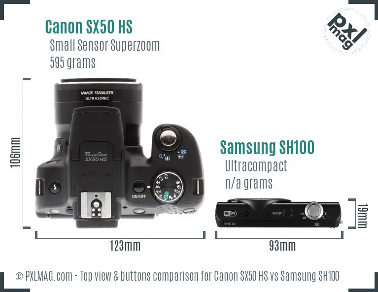 Canon SX50 HS vs Samsung SH100 top view buttons comparison