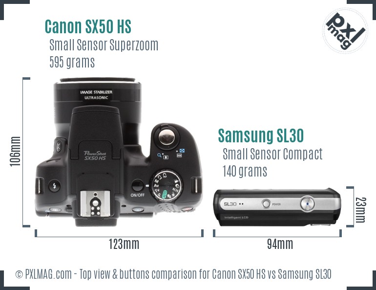 Canon SX50 HS vs Samsung SL30 top view buttons comparison