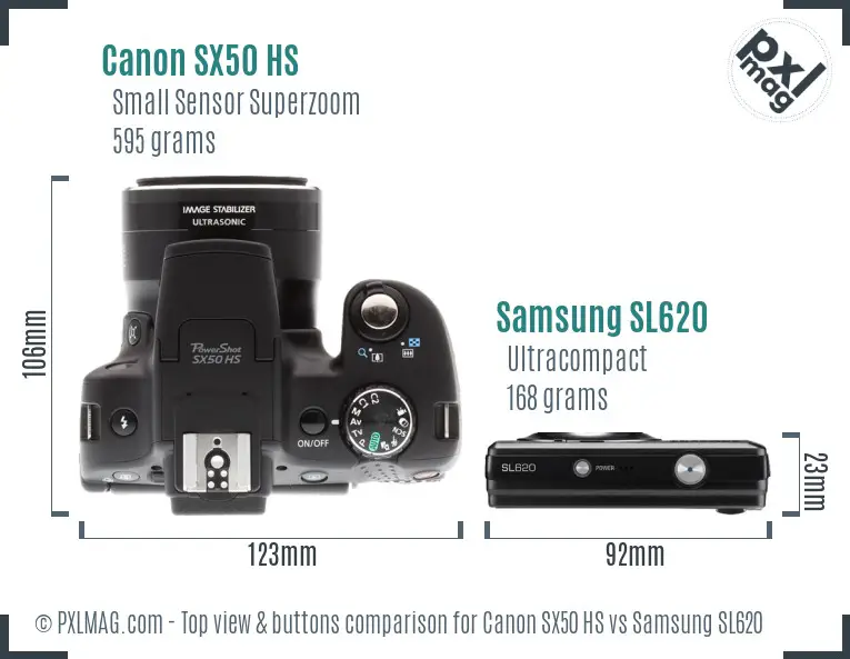 Canon SX50 HS vs Samsung SL620 top view buttons comparison