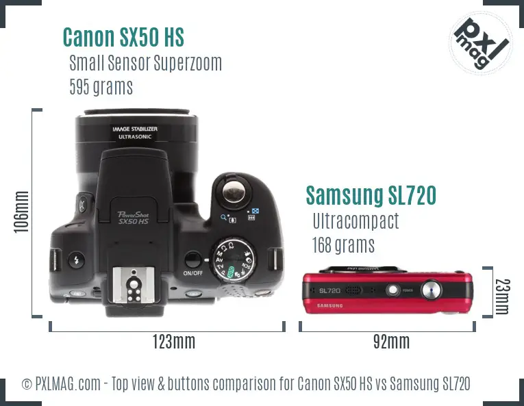 Canon SX50 HS vs Samsung SL720 top view buttons comparison