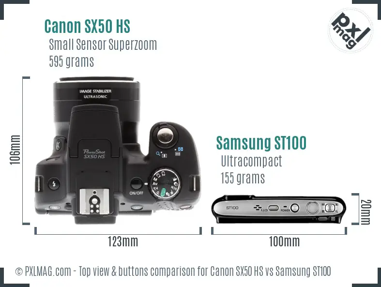 Canon SX50 HS vs Samsung ST100 top view buttons comparison