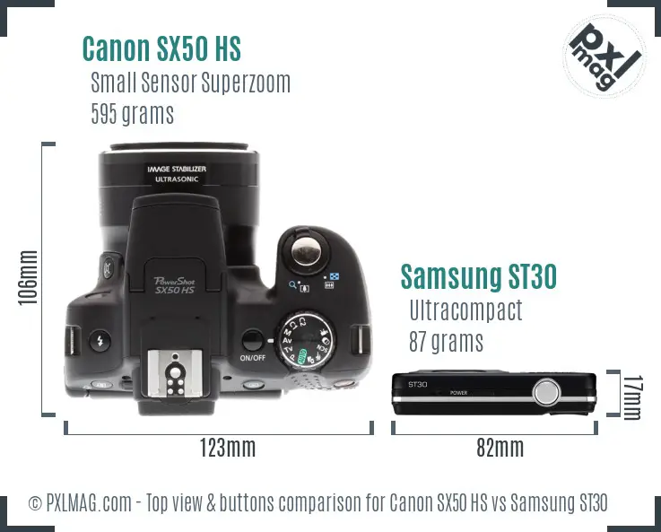 Canon SX50 HS vs Samsung ST30 top view buttons comparison