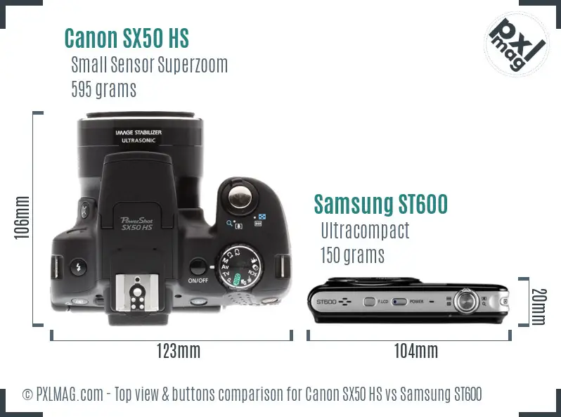 Canon SX50 HS vs Samsung ST600 top view buttons comparison