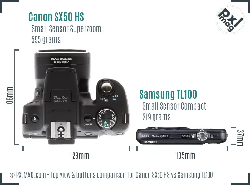 Canon SX50 HS vs Samsung TL100 top view buttons comparison Canon SX50 HS vs Samsung TL100 top view buttons comparison
