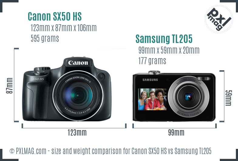 Canon SX50 HS vs Samsung TL205 size comparison