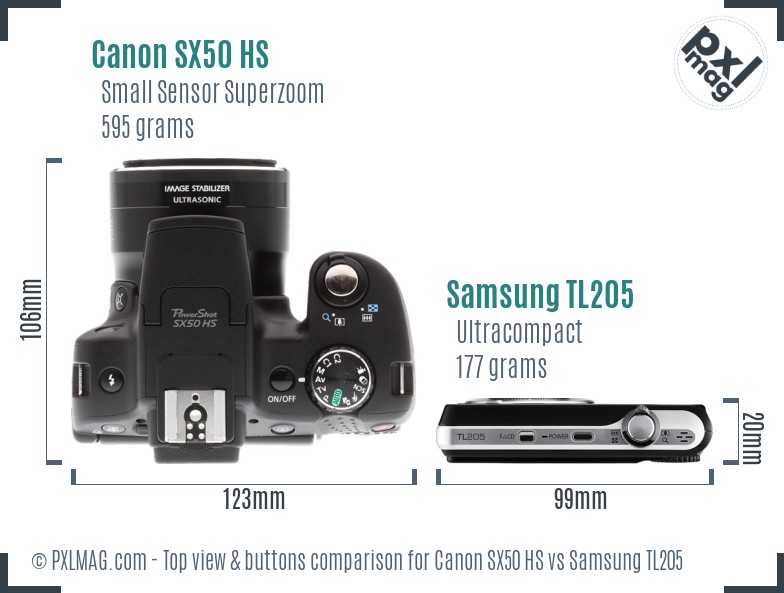 Canon SX50 HS vs Samsung TL205 top view buttons comparison
