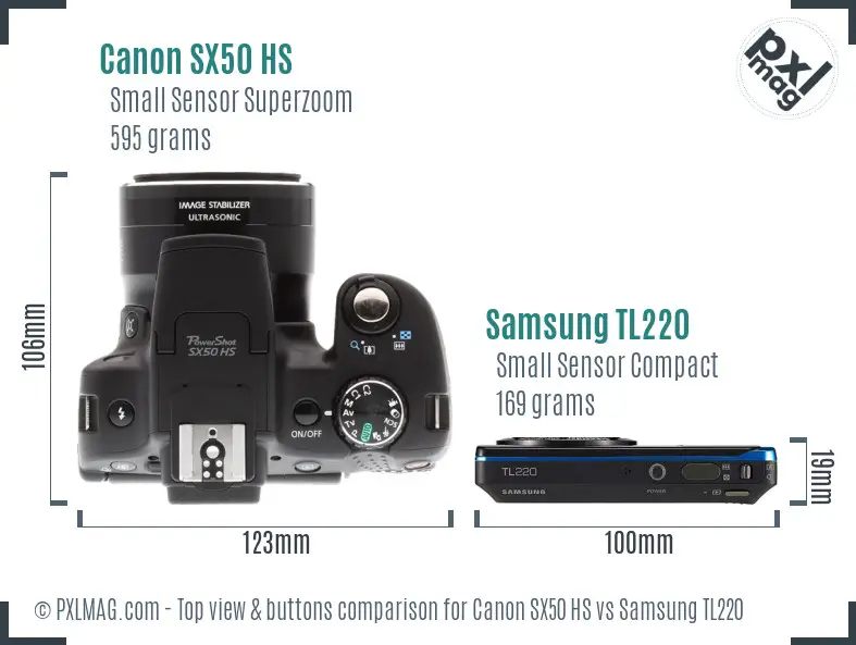 Canon SX50 HS vs Samsung TL220 top view buttons comparison Canon SX50 HS vs Samsung TL220 top view buttons comparison