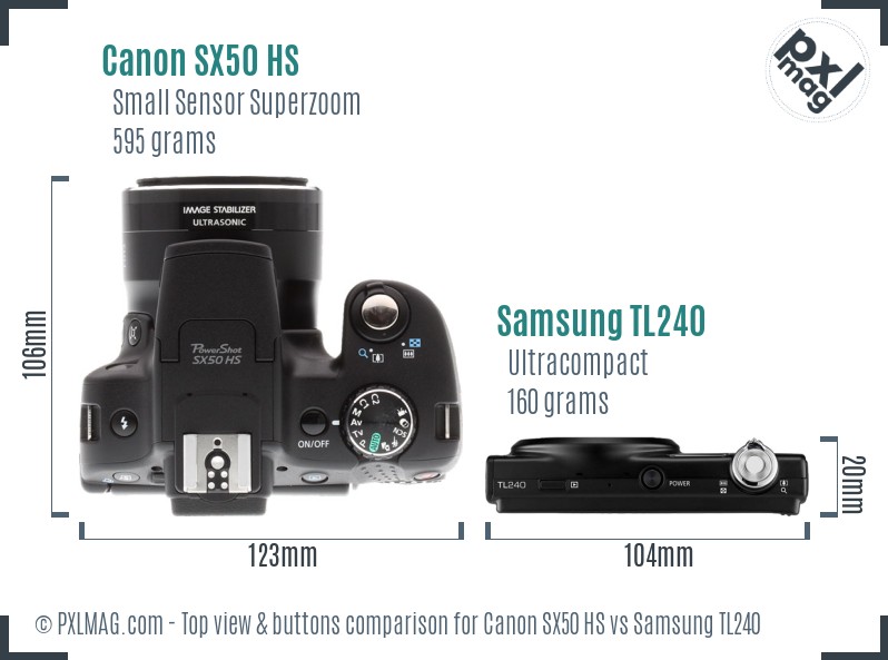 Canon SX50 HS vs Samsung TL240 top view buttons comparison