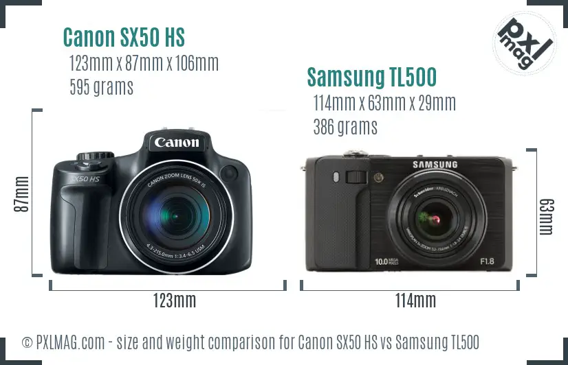 Canon SX50 HS vs Samsung TL500 size comparison