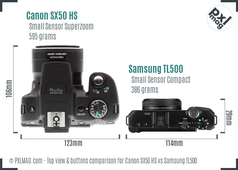 Canon SX50 HS vs Samsung TL500 top view buttons comparison