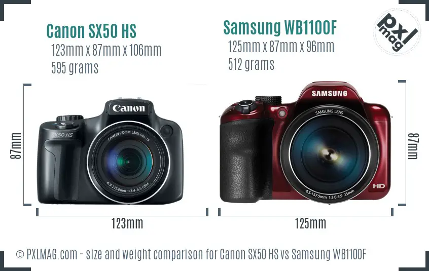 Canon SX50 HS vs Samsung WB1100F size comparison