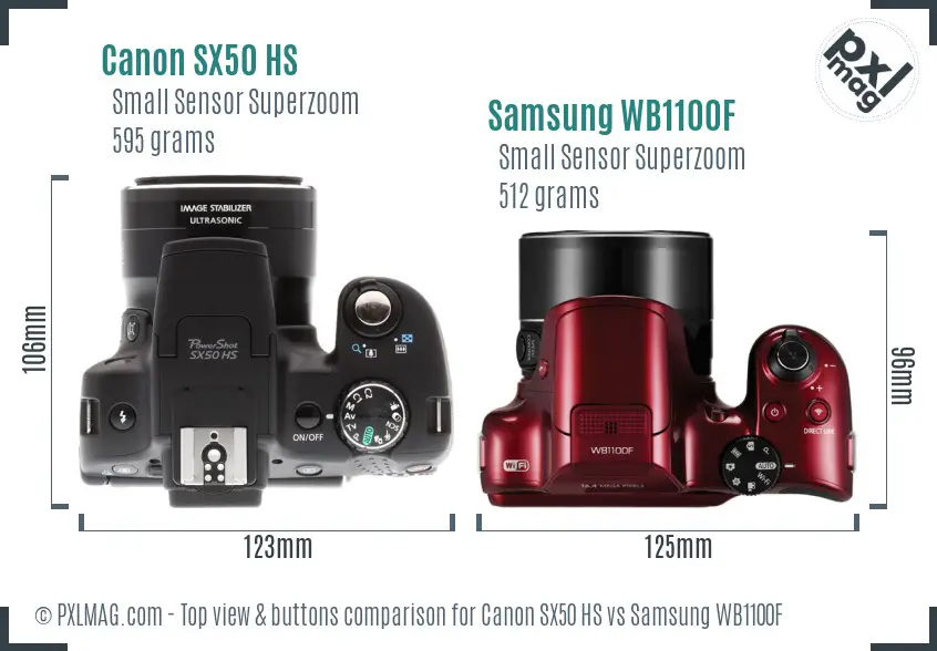 Canon SX50 HS vs Samsung WB1100F top view buttons comparison