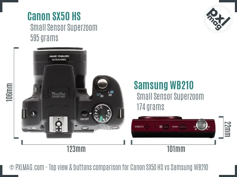 Canon SX50 HS vs Samsung WB210 top view buttons comparison Canon SX50 HS vs Samsung WB210 top view buttons comparison