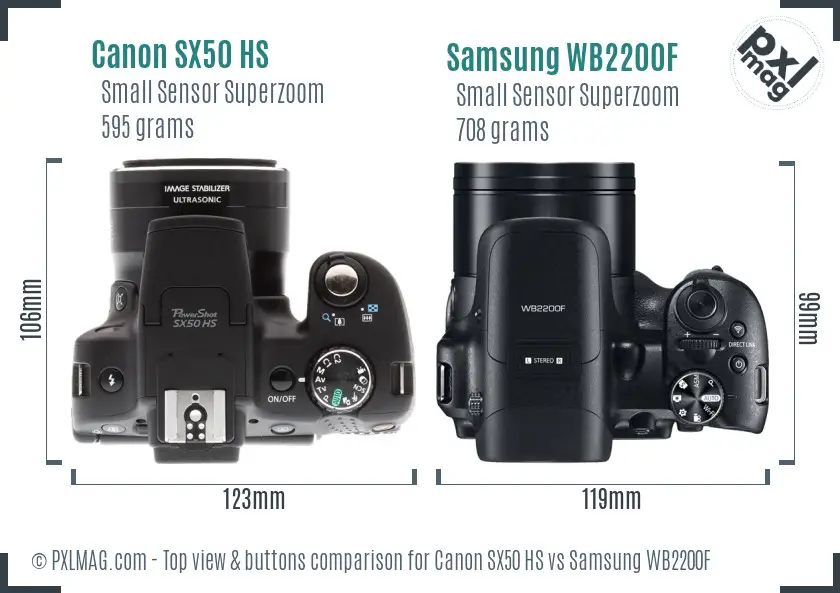 Canon SX50 HS vs Samsung WB2200F top view buttons comparison