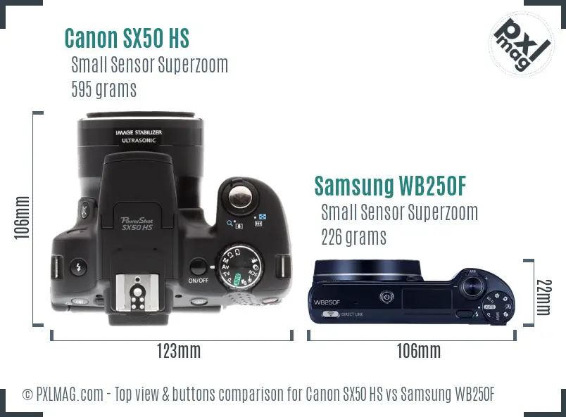 Canon SX50 HS vs Samsung WB250F top view buttons comparison