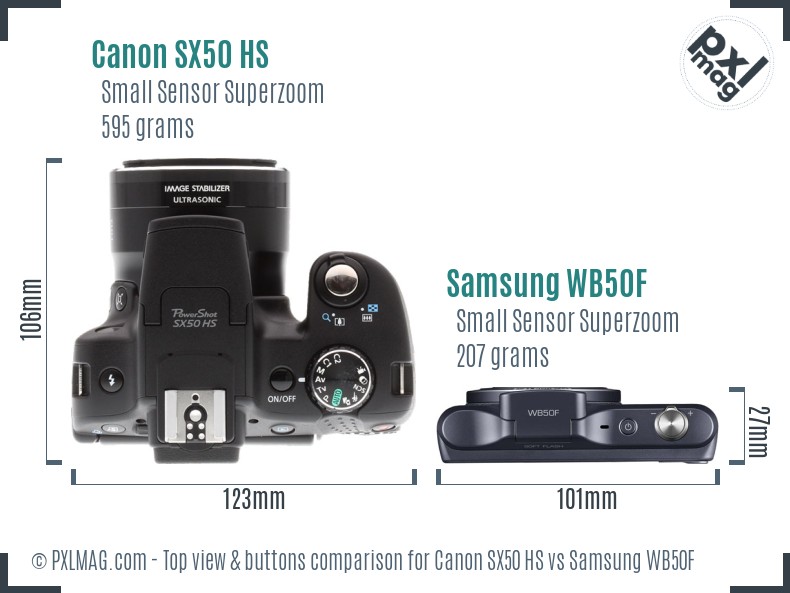 Canon SX50 HS vs Samsung WB50F top view buttons comparison