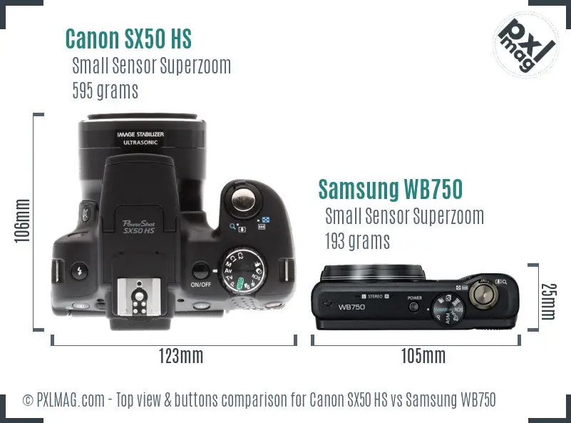 Canon SX50 HS vs Samsung WB750 top view buttons comparison Canon SX50 HS vs Samsung WB750 top view buttons comparison
